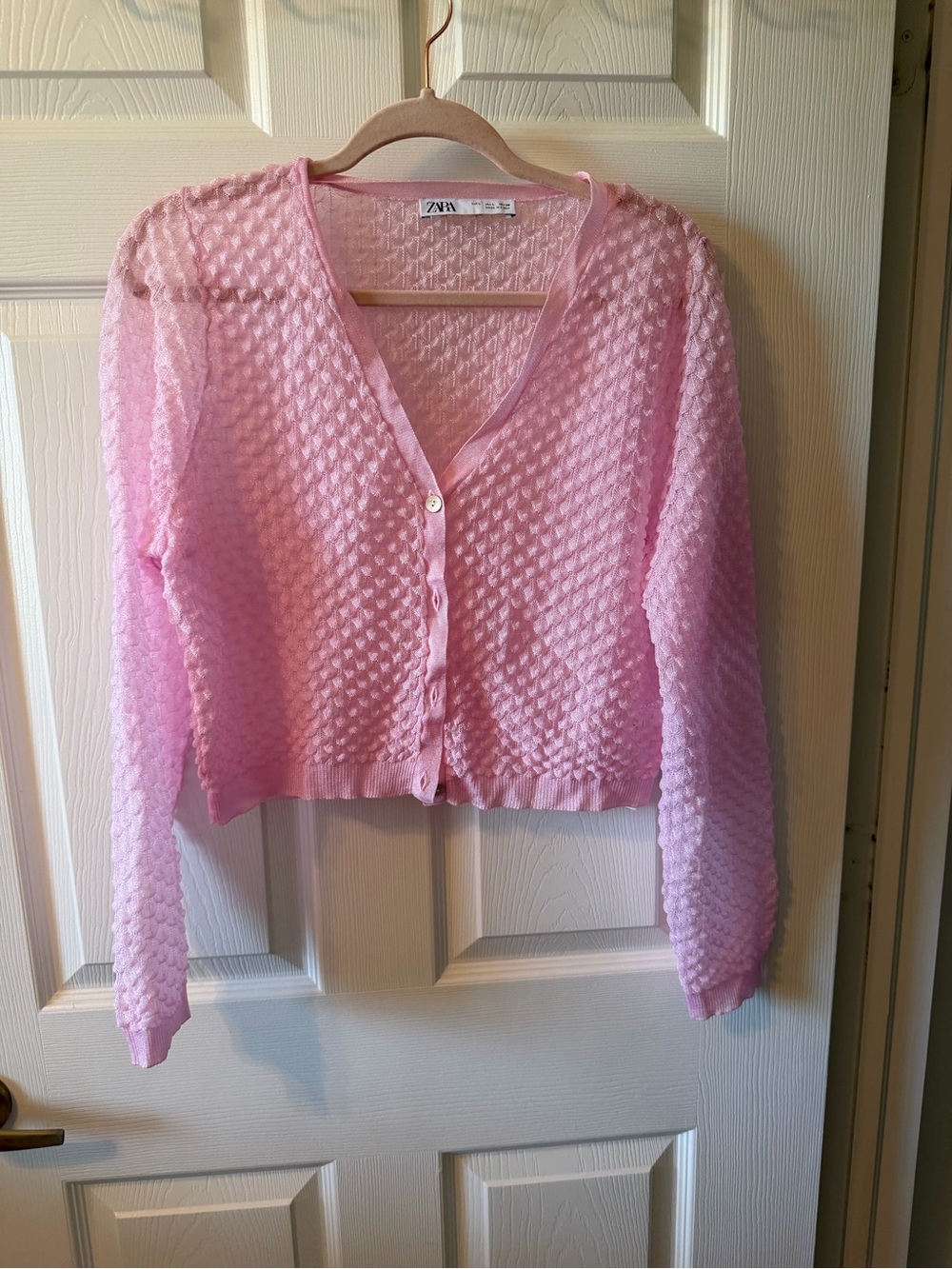 ZARA Light Pink Textured V-Neck Button Cardigan